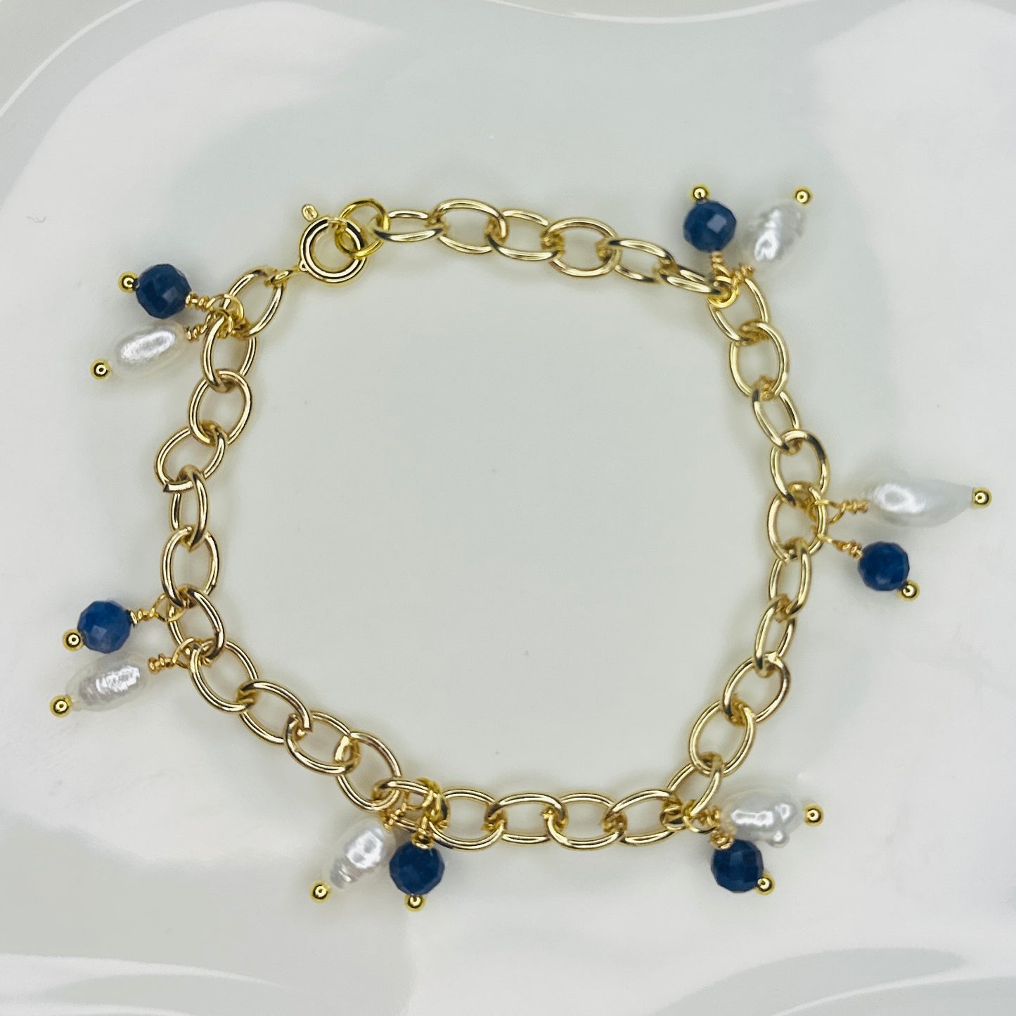 Celestial Drops – Sodalite & Pearl Charm Bracelet