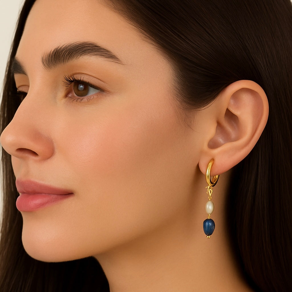 Sodalite & Pearl Drop Earrings – Gold Hoops