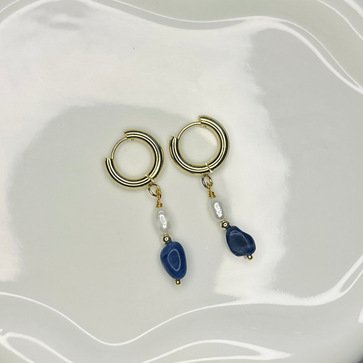 Sodalite & Pearl Drop Earrings – Gold Hoops